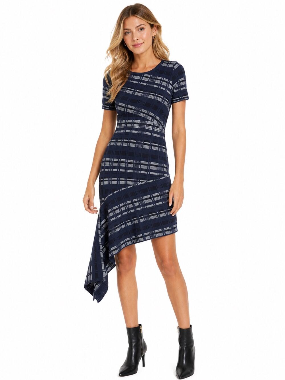MILLY Directional Plaid Knit Bodycon Hi-Low Dress Women's Size XS/S Side Flounce